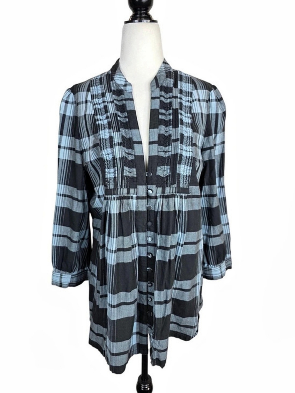 Joie Plaid Cotton Tunic in Black & Blue Size Large